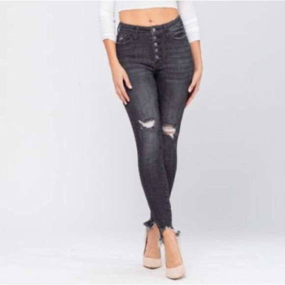 NWT Judy Blue Destroyed Button-Fly Skinny Jeans Black Wash Denim Size 14W NEW - Picture 4 of 15